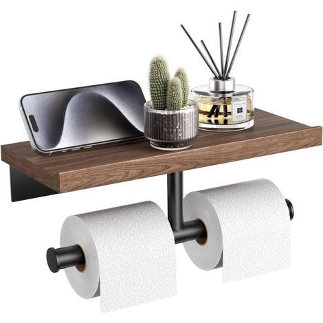 Porte-papier toilette mural avec étagère, porte-papier toilette en bois, porte-papier toilette en acier inoxydable noir mat (noyer) (1/5)