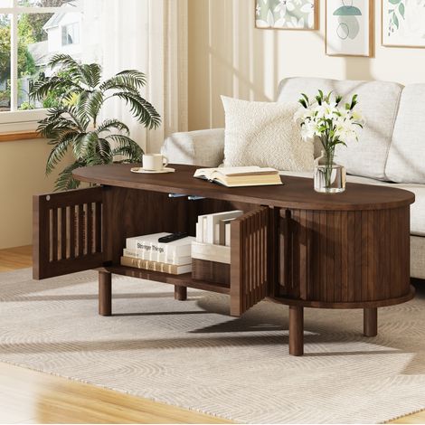 Table basse ovale 100x40x38 cm MDF couleur noyer, pieds en bois et rangement fermé - CHICFURN (1/5)