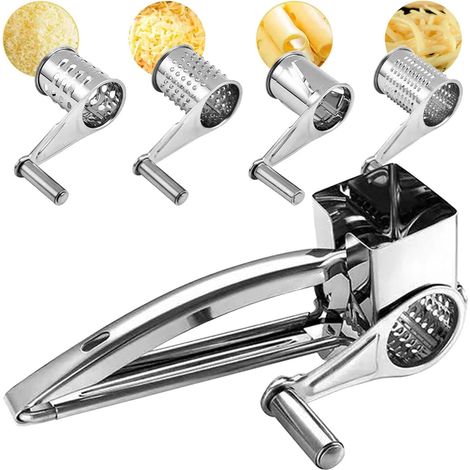 1 Râpe à fromage manuelle, 4 tambours interchangeables, acier inoxydable, pour parmesan chocolat noix légumes cuisine