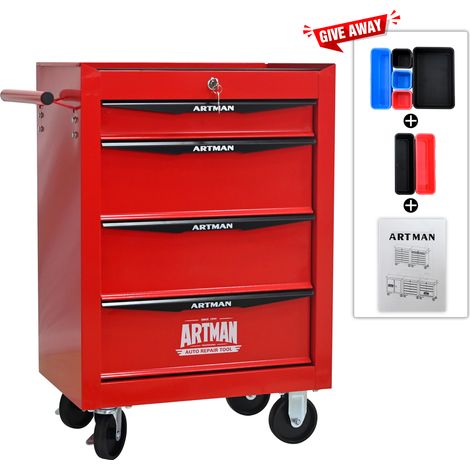 Armoire à outils mobile en métal avec 4 tiroirs, 508 mm (20 pouces), avec 4 tiroirs et glissières à billes, boîte à outils de rangement en acier – rouge et noir (1/4)