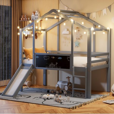 Lit mezzanine 90x200 cabane avec toboggan gris OKMYHOME (1/5)