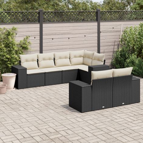 Ensemble Salon Jardin 7 Places Noir Résine Tressée avec Coussins Crème - Canapé d'Angle, Sièges Centraux et Accoudoirs - Modulaire (1/5)