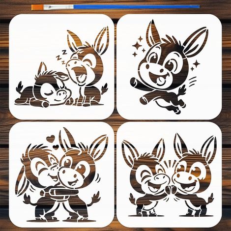 4 Pièces Pochoirs de Peinture d'Âne Mignon avec Pinceau, 15x15cm Pochoirs d'Art d'Âne Drôle Pochoir Animal Réutilisable Pochoir en Plastique PET pour Peinture sur Bois Meuble Toile Mur (1/5)