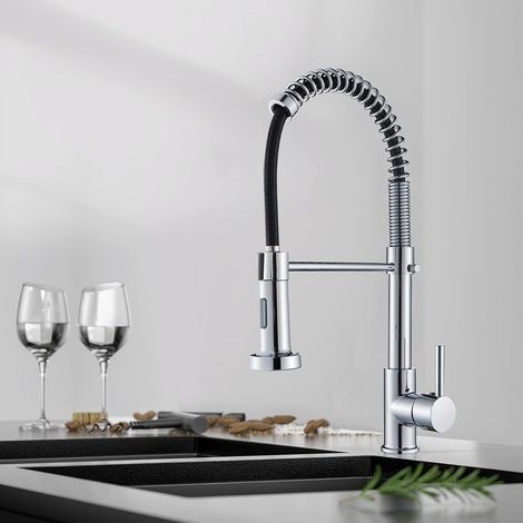 Robinet Cuisine Nickel brossé Mitigeur Cuisine Avec Douchette 360° Robinet d'Évier à Arc Élevé pulvérisateur escamotable 2 Modes de Pulvérisation,Chaud et Froid-Chromé (1/5)