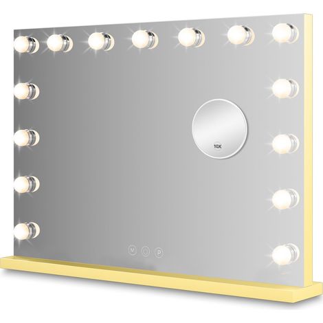 Miroir Maquillage Hollywood Lumineux 58x46 cm, 18 LED dimmables, Or Écran tactile, 3 couleurs de lumière, grossissant x10 amovible, mémoire, à poser sur coiffeuse ou fixation murale (1/5)