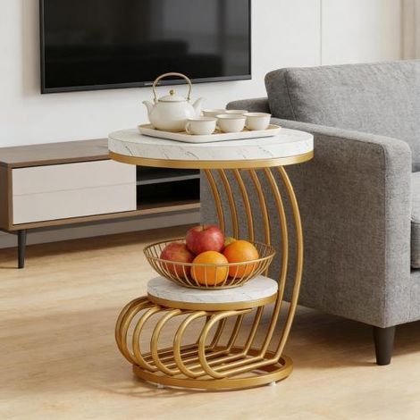 Mesa auxiliar redonda efecto mármol blanco y metal dorado 50 x 50 x 63 cm, 2 niveles