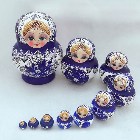 Lot de 10 poupées russes gigognes en bois peintes à la main (Babouchka Matriochka).