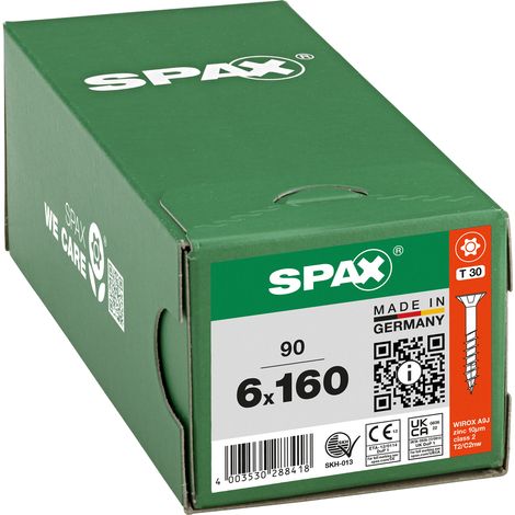 SPAX Vis universelle, 6 x 160 mm, 90 pcs, Filetage partiel, Tête fraisée, T-STAR plus T30, 4CUT, WIROX - 8000000288418