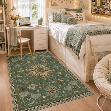 Tapis de zone lavable 3x5, vert brun soleil et lune bohème gothique colonne basse salon chambre à coucher salle à manger cuisine entrée couloir tapis de porte (1/5)