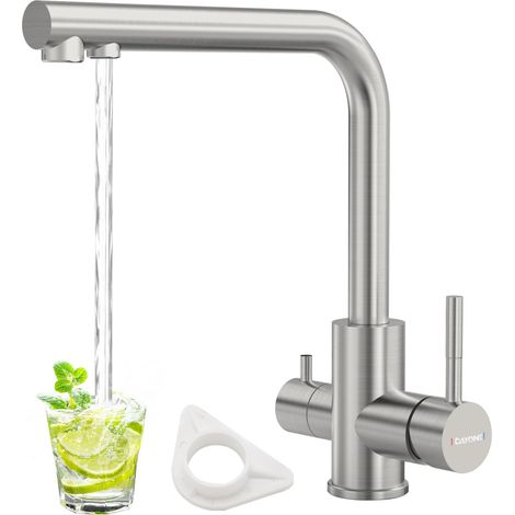 DAYONE 3 Way Kitchen Sink Tap, Drinking Water Tap, SUS304 Stainless Steel 360 Swivel Water Sink Tap, Dual Lever 3 in 1 Water Filter Tap Kitchen Mixer Tap 1 Hole, UK Standard Kitchen Faucet, Brushed