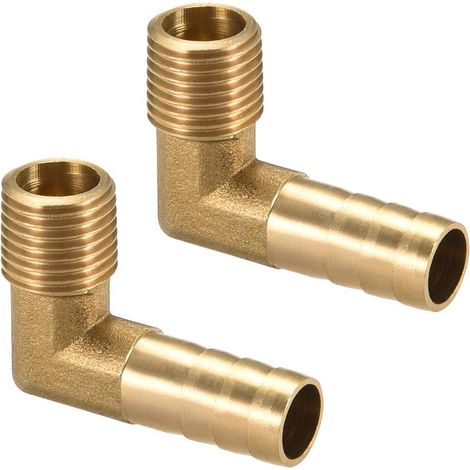 Raccord Cannelé Tuyau Barbillon Laiton 90° Coude 10mm Barbelé x1/4" G Mâle Tuyau 2Pcs (1/5)