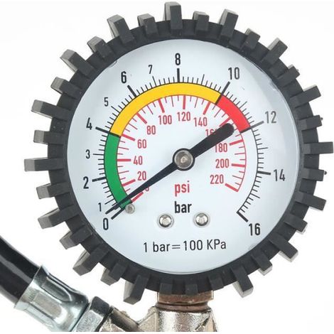 Manomètre pour pneus - Plage 0 à 16 bar - Diamètre 58 mm - Tuyau 35 cm - Pour voiture moto vélo (1/4)