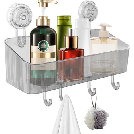 Étagère de Douche Ventouse sans Percage, Porte Douche avec 4 Crochets, Rangement et Organisation de la Salle de Bain, Support Shampoing pour le Drainage Savon (1/5)