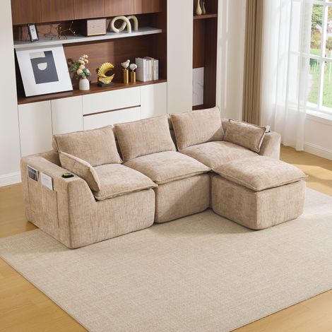 Divano modulare 256x161x75 cm kaki in ciniglia con tasche laterali, cuscini e struttura a molle (1/5)