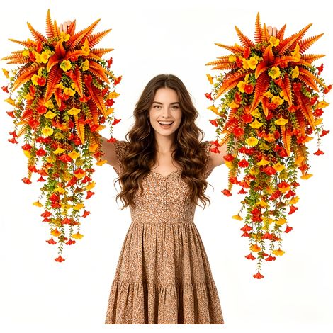 Lot de 2 grandes plantes suspendues artificielles – Fougère de Boston et liseron – Tons orange et jaune d’automne – Décoration intérieure et extérieure – Idéales pour jardin, porche et grange (1/5)