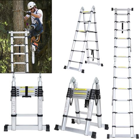 SWANEW Teleskopleiter Ausziehleiter Klappleiter Stabil Aluminium Stehleiter 1,9m+1,9m Silber ohne haken Mit Stabilisator - Silber