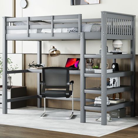 DESVIAE Hochbett enfant 90 x 200 avec bureau intégré et étagères en pin gris (1/5)