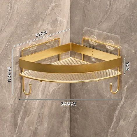 (Ensemble A.1 avec crochet) Étagère de rangement murale dorée pour salle de bain, trépied, sans perçage, pour shampoing et gel douche, accessoires de salle de bain (1/5)