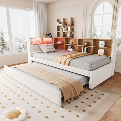 Multifunktionales Schlafsofa 90x200 cm mit Ausziehbett 90x190 cm und Stauraum, Polsterbett aus Flanell in Beige mit LED-Beleuchtung und Steckdosen (1/5)
