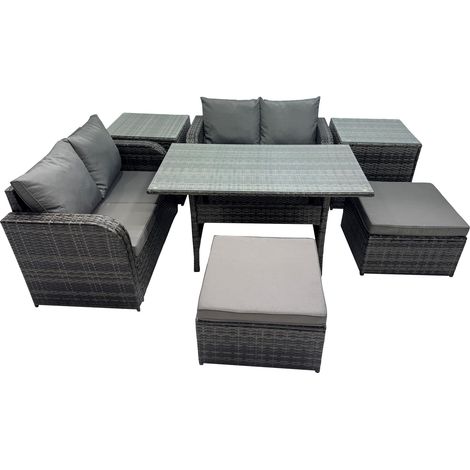 Fimous Wicker PE Rattan Garden Outdoor Furniture Set Love Sofa Dining Table Sets with 2 Side Table 2 Big Stools Dark Grey Mixed (1/5)