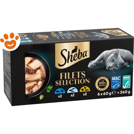 Sheba Cat SHE Filets con Pollo, Pollo e Gamberetti, Salmone e Tonno - Confezione 6×60 Gr -