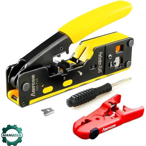 Manuzen - Pince à sertir RJ45 Pass Through – Cat7 à Cat5e, RJ11 – Noir – avec dénudeur, lame et tournevis (1/5)