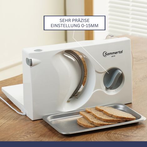 Sommertal Allesschneider AS170 150W Edelstahlmesser mit Wellenschliff, klappbar platzsparend, elektrische Schneidemaschine Brotschneidemaschine, Profi Aufschnittmaschine Weiß 0-15mm