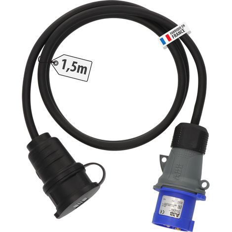 Rallonge électrique CEE/Standard français/Câble Adaptateur pour Camping, Commerce ambulant (fiche CEE P17, prolongateur Standard français, 1,5m H07RN-F), fabriquée en France (1/4)