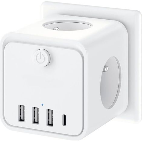 Multipresa 7 in 1, con 3 prese francesi, presa multipla con 1 porta Type-C e 3 porte USB, multipresa a cubo (1/5)