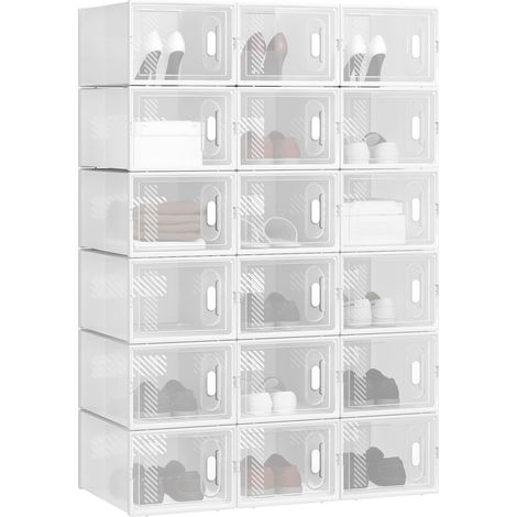 WOLTU Cajas para zapatos, paquete de 18, organizadores de zapatos plegables y apilables, transparentes y blancos (1/5)