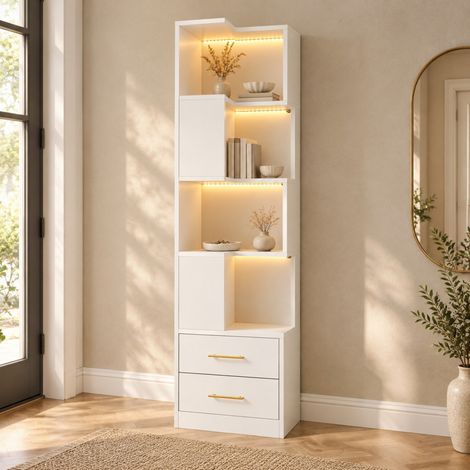 Weiße Eckregal 165 cm mit LED und 2 Schubladen, 4 Ebenen OKMYHOME (1/5)