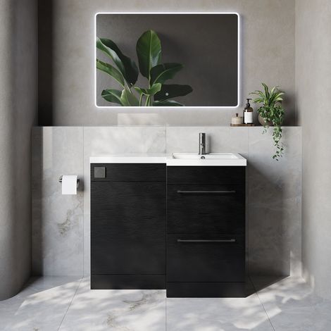 Napoli 390 Nero Oak 1000mm 2 Drawer Vanity Unit Toilet Suite with Right Hand Square Lucia Basin - 1000mm - Gunmetal Grey 320mm HandleWithout Kingston Toilet Pan