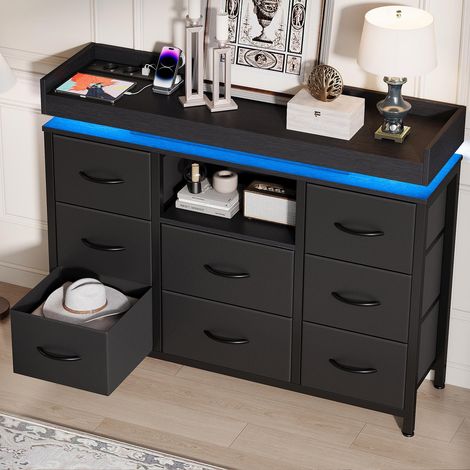 Cassettiera 108x30x85.5 cm con 8 cassetti in tessuto, illuminazione LED RGB e presa di corrente Moderno - tessuto - nero