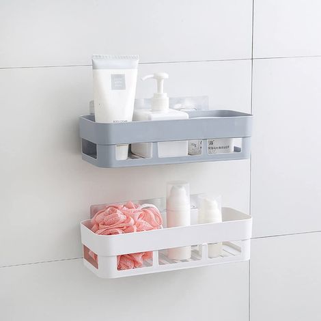 Duschkorb zur Wandmontage (ohne Bohren) – Selbstklebender Aufbewahrungskorb fürs Badezimmer – Strapazierfähiges Kunststoffmaterial – Maße: 26 x 10 x 6 cm – Weiß – 1 Stück (1/5)