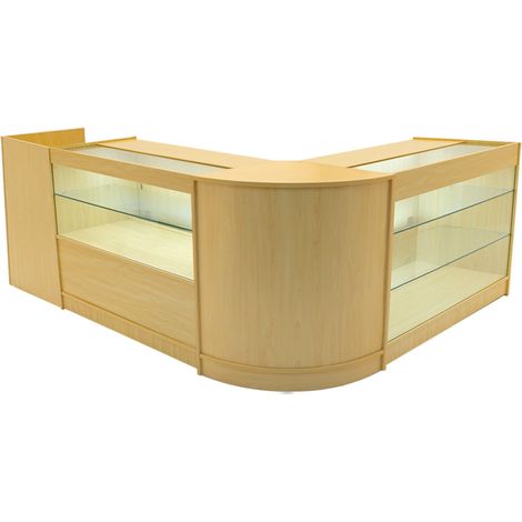 Set Mostradores Comerciales "VEGA"   Arce  CM60 + K1200 + C1200 + TB60 MDF y vidrio templado  Estantes y puertas corredizas con cerradura  Fácil Montaje  Mostrador Recepción Expositor Comercial Mesa