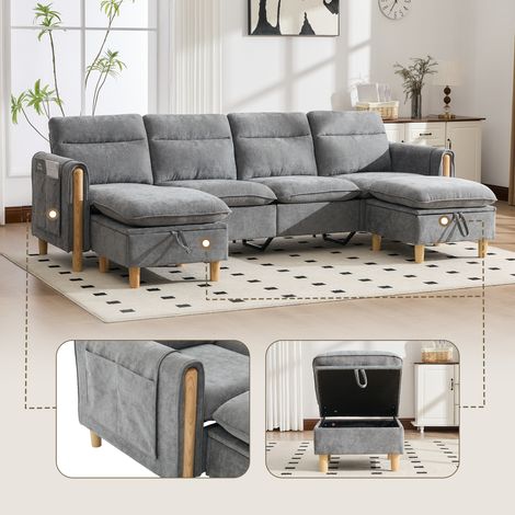 Grand canapé d'angle en U avec deux poufs de rangement  canapé modulable quatre places avec pieds de table en bois  canapé confortable en tissu, idéal pour le salon et l'espace familial (chenille gris (1/5)