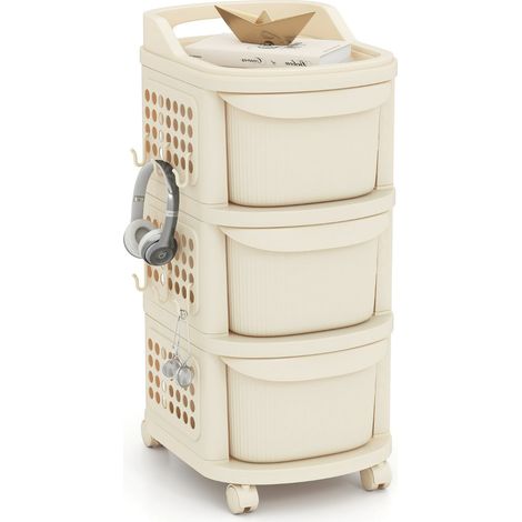 Carrello multiuso versatile a 3 cassetti 38 x 32 x 68 cm con ruote e ganci PP bianco 200017506
