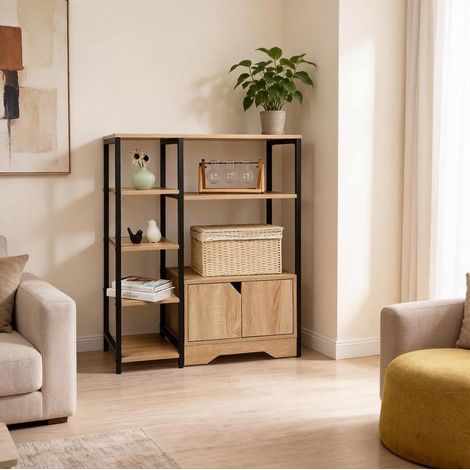 Libreria a 2 in 1 80x35x97 cm, design salvaspazio con cassetto, ripiani multipli, legno MDF, rovere chiaro (1/5)