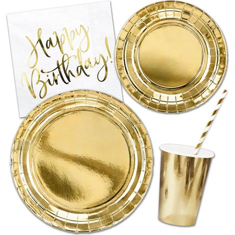 Set de vaisselle or pour anniversaire 6 personnes, décorations de table avec inscription Happy Birthday – 6 verres, 6 grandes assiettes, 6 petites assiettes, 20 serviettes, 10 pailles (48 (1/5)
