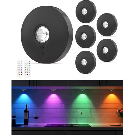 Lampes LED RGB Rechargeables avec Télécommande, Lampe de Cuisine Sous Placard avec Batterie 1500mAh, Intensité Réglable et Minuterie, Éclairage Sans Fil à Coller pour Placard, Noir, Lot de 3 (1/5)