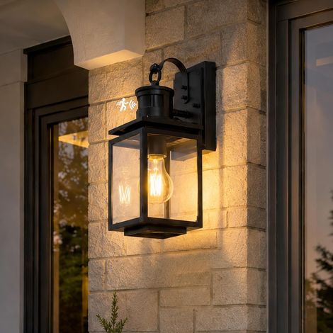Lampe Exterieur Detecteur de Mouvement, Noir Applique Murale Exterieure, IP44 Étanche Porche Éclairage Mural Lanternes d'Extérieur avec Capteur de Mouvement E27 pour Entrée Patio Garage (1/5)