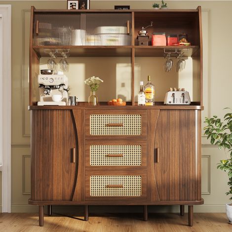Buffet rotin 140x40,5x174,5cm vitres coulissantes rangement charge 60kg meuble cuisine finition noyer haut gamme (1/5)