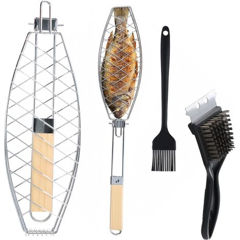 Grille Barbecue pour Poisson, 35,5x12cm, Poignée Amovible et Pliable, Maille Anti-Adhésive, Panier Barbecue Acier Inoxydable avec Pinceau Huile et Brosse Nettoyage, pour Légumes Crevettes Steak Viande