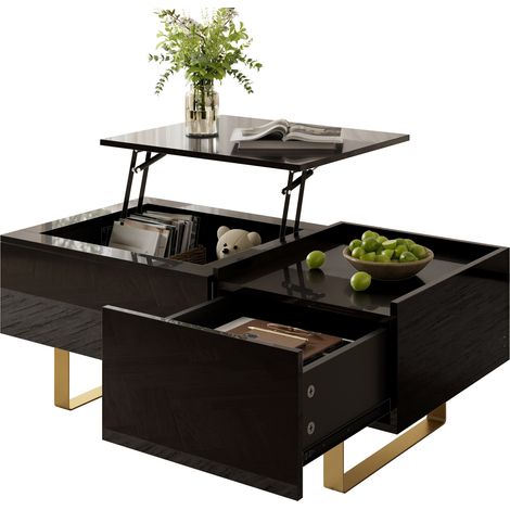 Table basse relevable avec rangement noire en MDF laqué brillant, avec tiroir coulissant et plateau réglable hydraulique pour salon moderne CHICFURN (1/5)