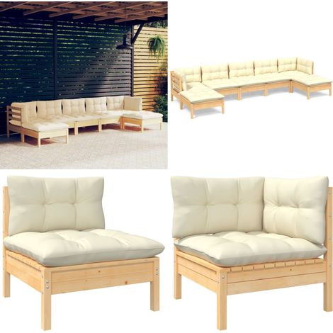 7-tlg. Garten-Lounge-Set mit Creme Kissen Kiefernholz - Gartensaison - Lounge Set - Gartenmöbel - Outdoor Möbel - Rattan Gartenmöbel - Home & Living (1/5)
