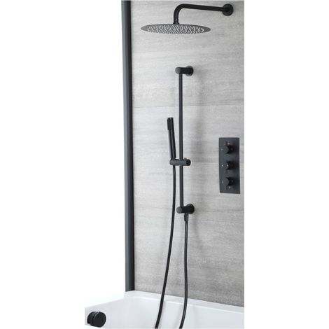Milano Nero 3 Outlet Triple Diverter Thermostatic Mixer Shower Valve with Wall Mounted Rainfall Shower Head Hand Shower Handset Slide Riser Rail Kit and Overflow Bath Filler Tap - Black (1/5)