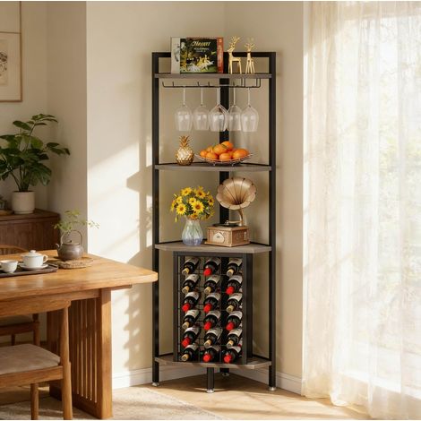Étagère d’angle à vin grise en MDF et métal avec porte-verres et 3 niveaux de rangement (1/5)