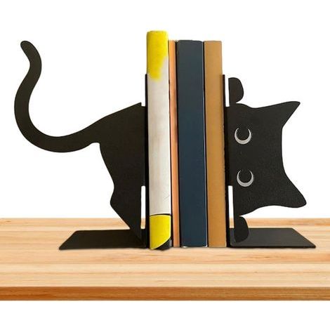 Dekorative Buchstützen aus Metall mit schwarzem Katzenmotiv – Paarweise geeignet für schwere Bücher, kreative und einzigartige Regaldekoration (1/4)