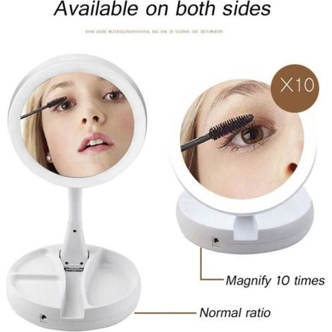 Portable Pliant 1x/10x Grossissant LED Lumineux Miroir de Maquillage Double Face Batteries de Table ou Chargement USB, Rotation à (1/4)