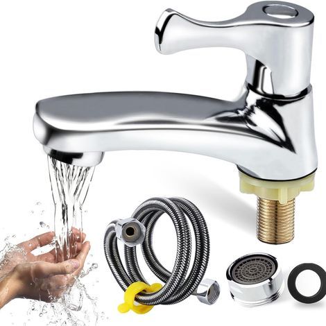 1-pack cold water handwashing faucet with single handle spout, easy to install, suitable for bathroom, kitchen, toilet, with water supply hose and faucet head (1/5)